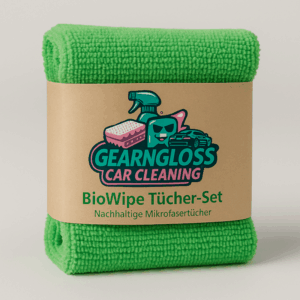 Gefaltetes, leuchtend grünes Mikrofasertuch mit braunem Papierlabel und GEARNGLOSS Car Cleaning Logo – Produktname „BioWipe Tücher-Set“ für nachhaltige Autopflege
