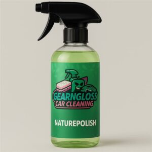 Sprühflasche mit grünem Etikett „NaturePolish“ von GearNGloss Car Cleaning – natürliche Autopolitur mit Trigger-Sprühkopf